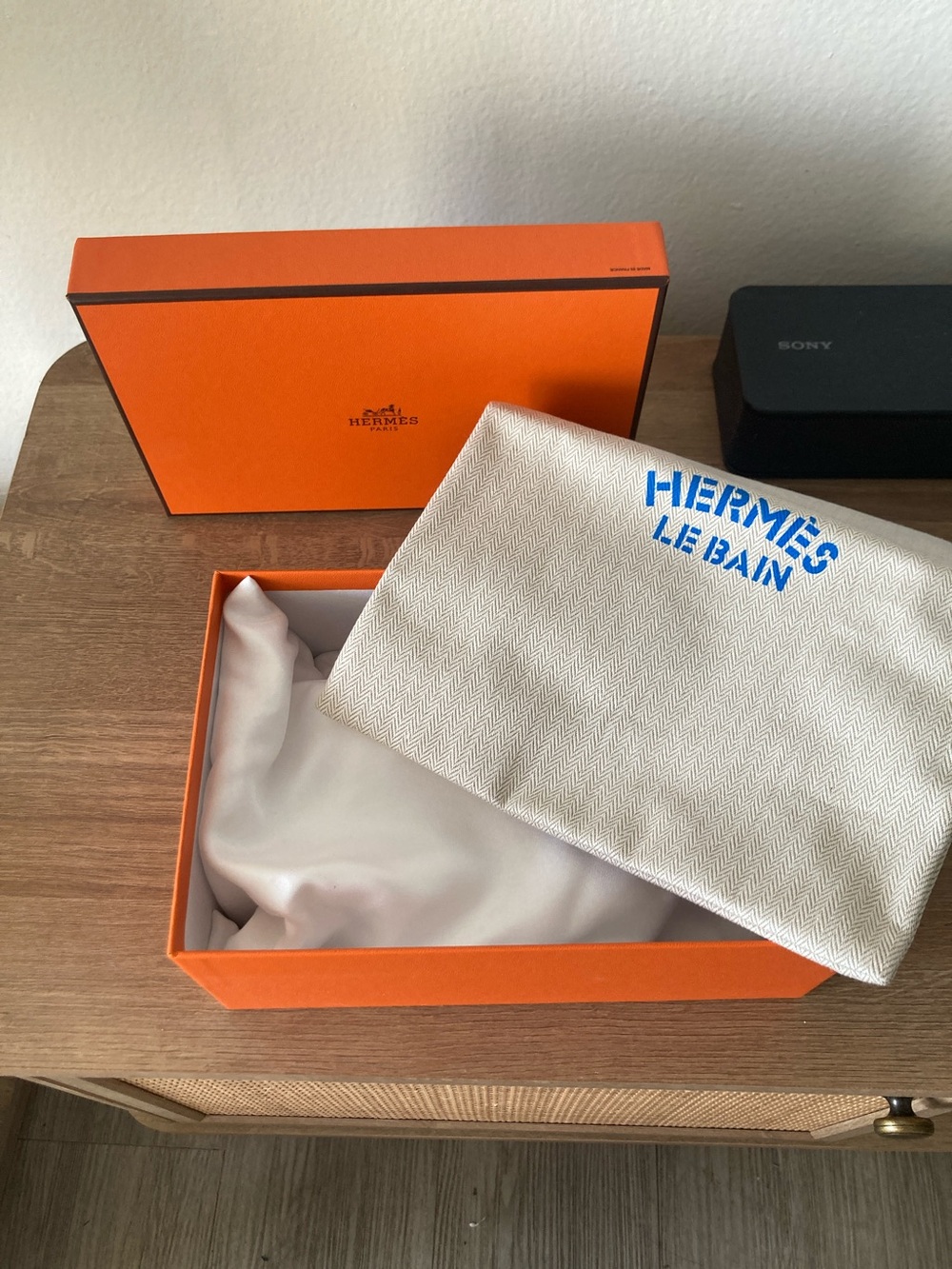 Hermes Orange Box with Cream Canvas Pouch and White Satin Pillow
